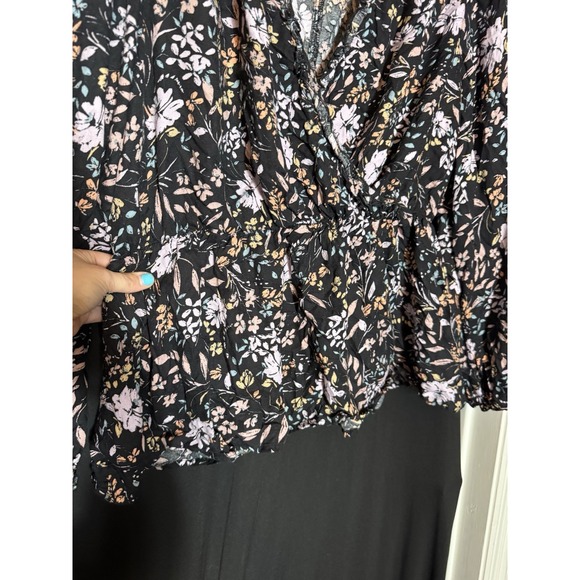 Lane Bryant Boho Cottage Top‎ 14 16 Navy Pink Floral Faux Wrap Peplum Balloon - Picture 10 of 11